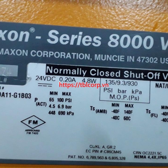 300C8111-DA11- G1B03 Honeywell Maxon Series 8000 Van đóng ngắt khí nén an toàn